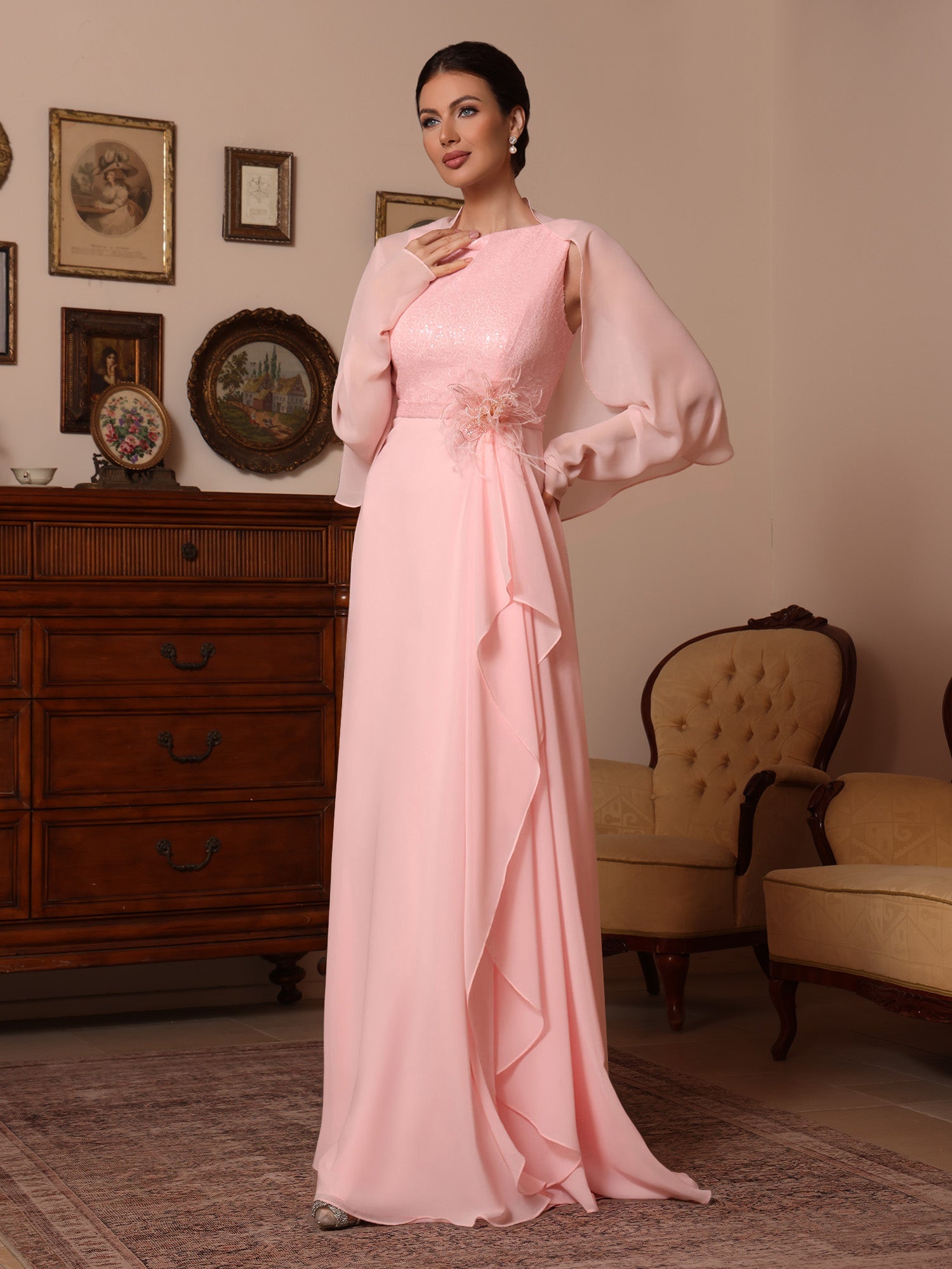 A-Line/Princess Cowl Neck Chiffon Mother of the Bride Dresses Sequins Floor-Length Sleeveless Ruffles