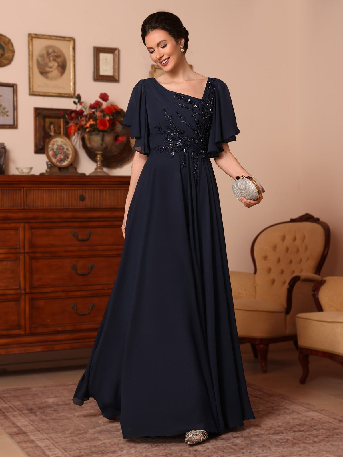 A-Line/Princess Asymmetrical Collar Chiffon Mother of the Bride Dresses Sequins Ankle-Length Short Sleeves Ruched