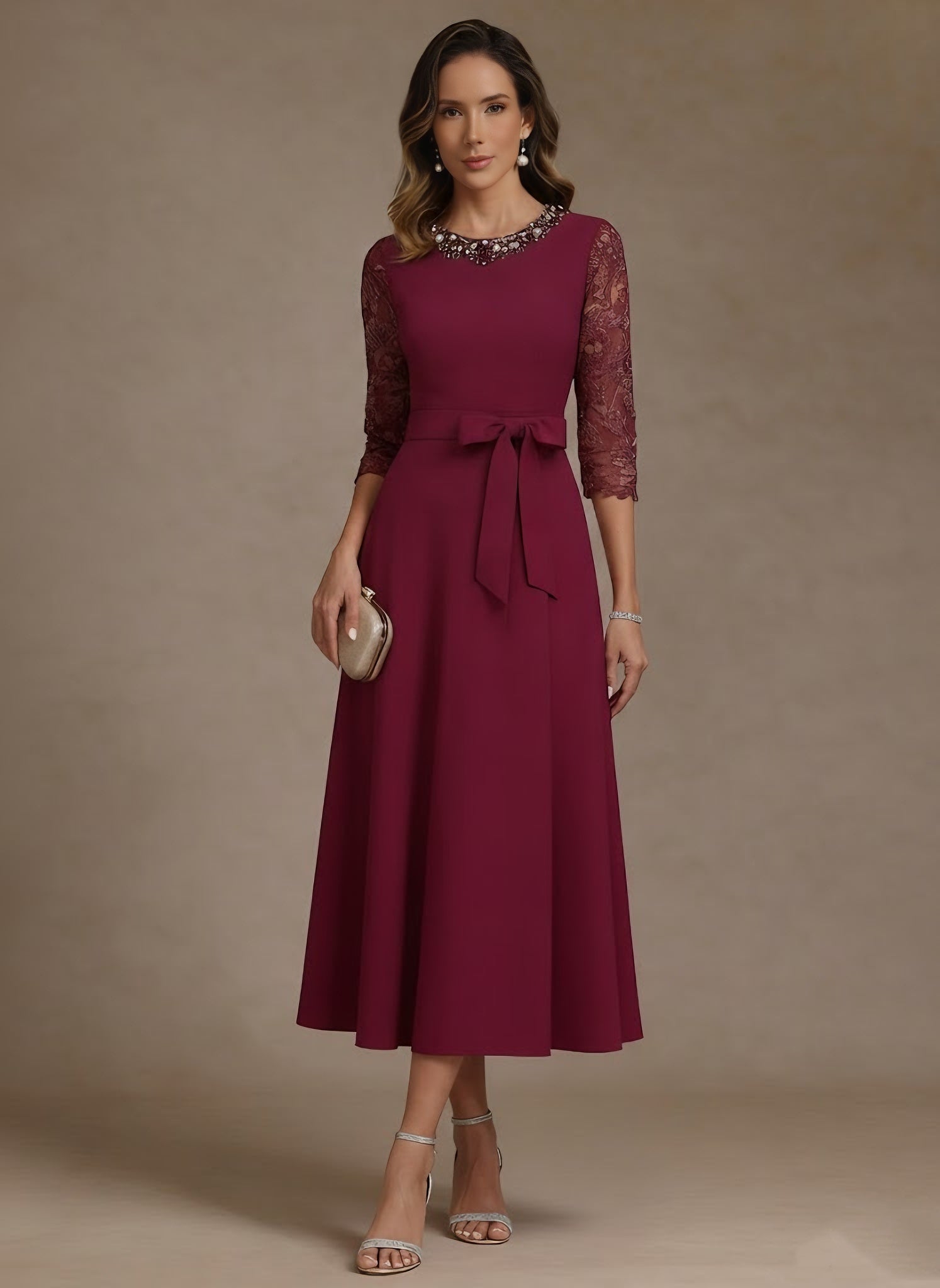 A-Line/Princess Jewel Neck Stretch Satin Mother of the Bride Dresses Lace Floor-Length Sash Bowknot 3/4 Sleeves