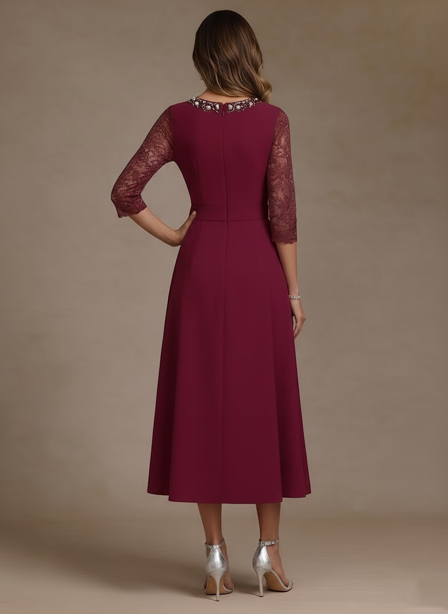 A-Line/Princess Jewel Neck Stretch Satin Mother of the Bride Dresses Lace Floor-Length Sash Bowknot 3/4 Sleeves