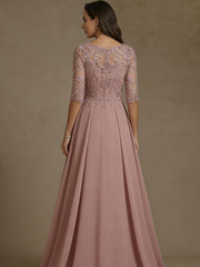 A-Line/Princess Boat Neck Chiffon Mother of the Bride Dresses Lace Floor-Length Half Sleeves