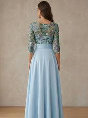 A-Line/Princess Cowl Neck Satin Mother of the Bride Dresses Lace Sequins Floral 3/4 Sleeves Tea-Length