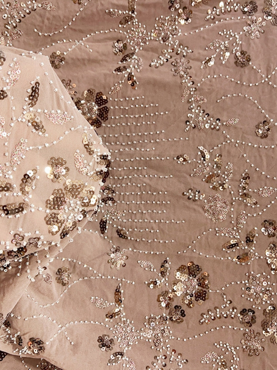 A-Line/Princess High Neck Sequins Lace Evening Dresses Satin Short Sleeves Floral Floor-Length Party Dresses