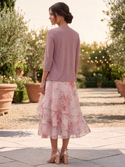 A-Line/Princess Chiffon Scoop Floral Mother of the Bride Dresses with Jacket Ruched Tea-Length 3/4 Sleeves Ruffles