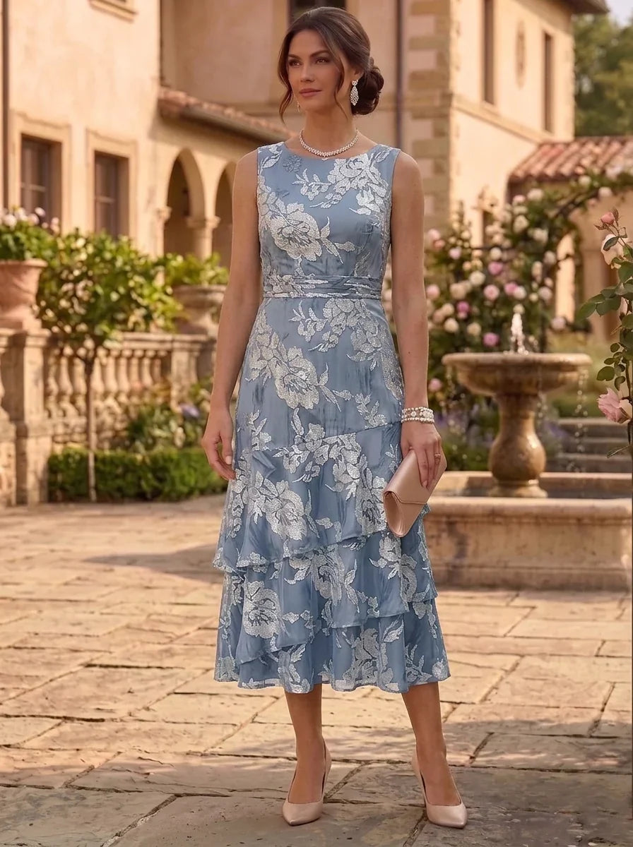 A-Line/Princess Chiffon Scoop Mother of the Bride Dresses with Jacket Floral Ruffles Tea-Length 3/4 Sleeves