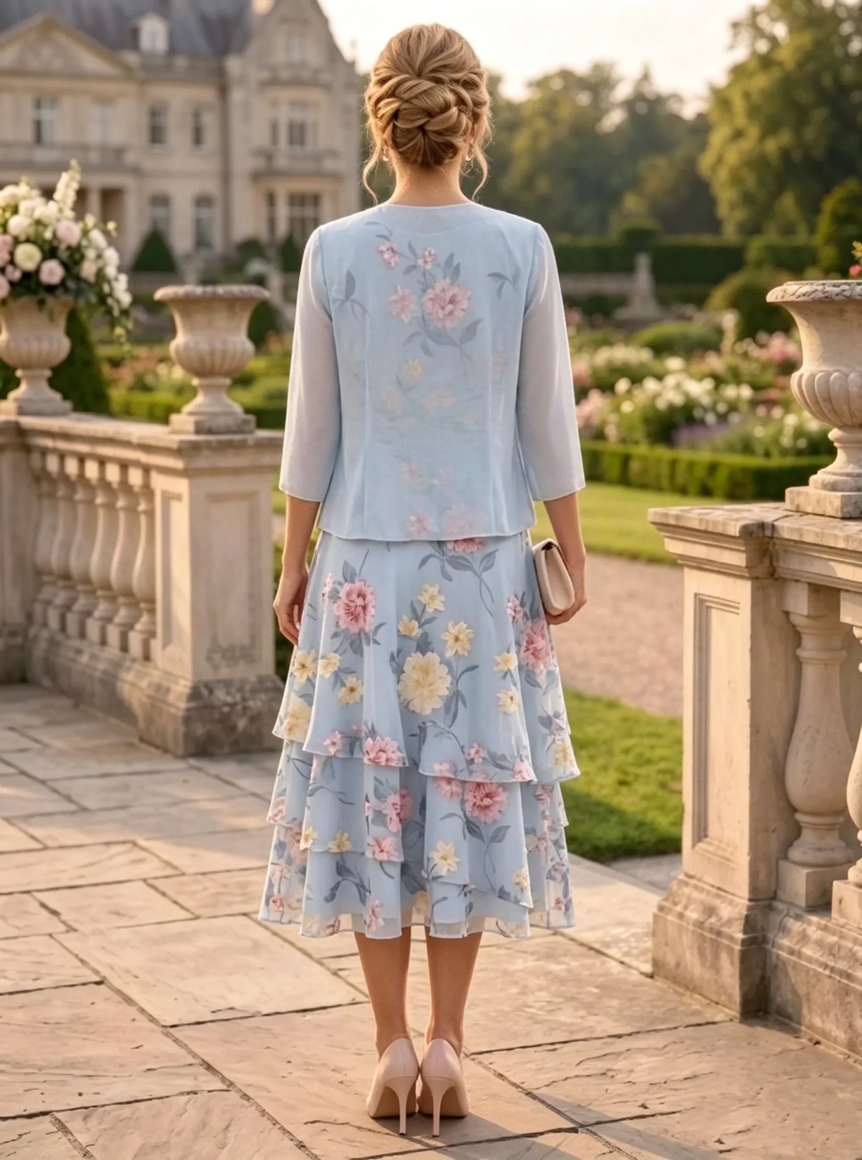 A-Line/Princess Chiffon Mother of the Bride Dresses with Jacket Scoop Floral Ruffles Tea-Length 3/4 Sleeves