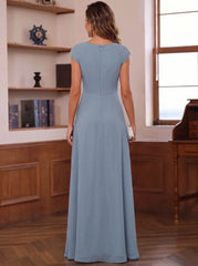 A-Line/Princess Chiffon V-Neck Mother of the Bride Dresses Floor-Length Short Sleeves with Ruffles