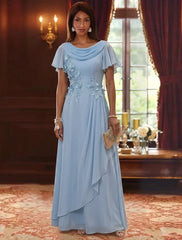 A-Line/Princess Cowl Neck Chiffon Mother of the Bride Dresses Floral Short Sleeves Floor-Length Ruffles