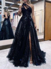 A-Line/Princess One-Shoulder Floor-length Prom Dresses