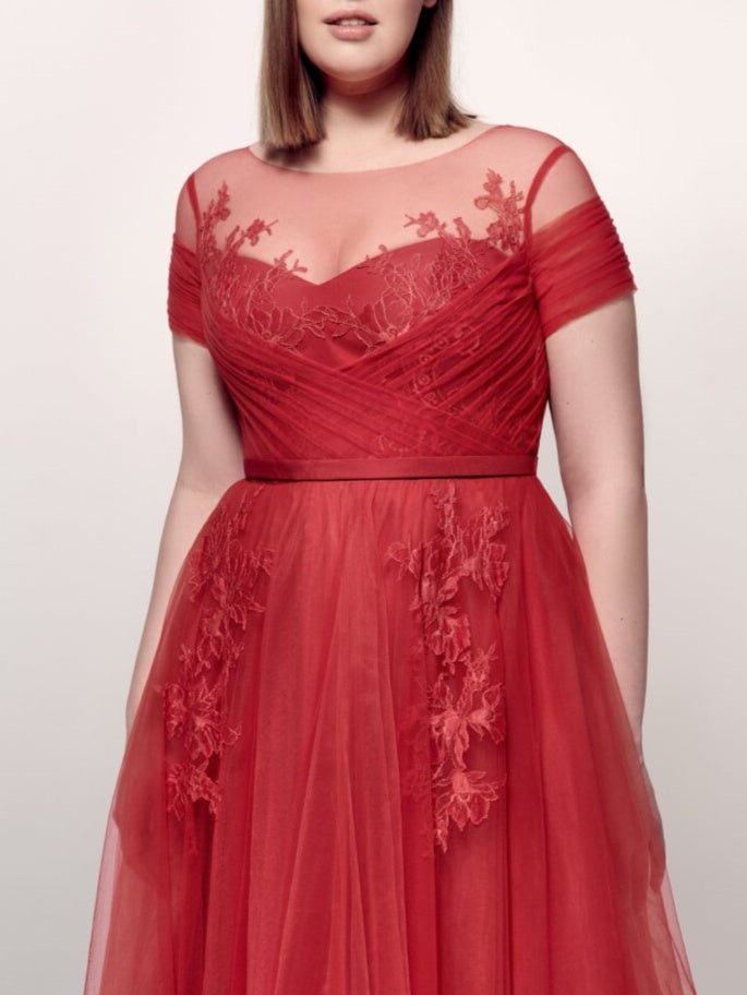 A-Line/Princess Jewel Neck Short Sleeves Ankle-Length Plus Size Prom Dress with Applique