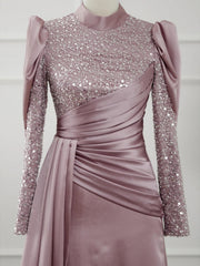 A-Line/Princess Long Sleeves Jewel Neck Evening Dresses With Glitter Pleats Ruched