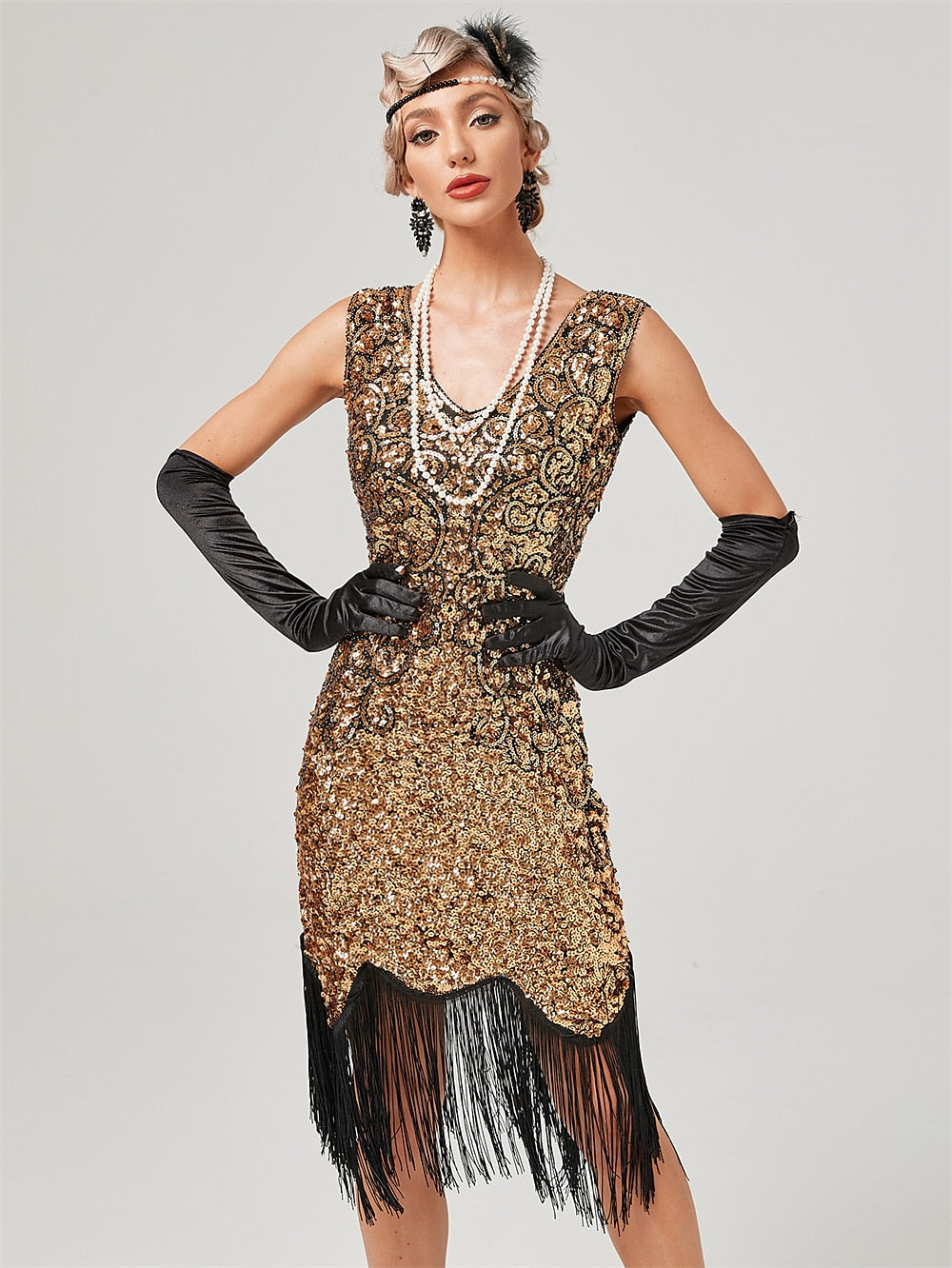 A-Line/Princess Jewel Neck Off-the-Shoulder Sleeveless Knee-Length Vintage Dress with Sequins & Tassel Fringe