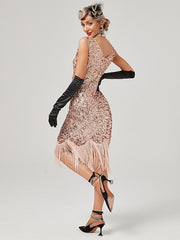 A-Line/Princess Jewel Neck Off-the-Shoulder Sleeveless Knee-Length Vintage Dress with Sequins & Tassel Fringe