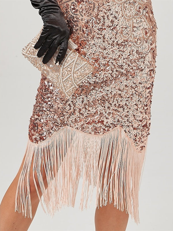 A-Line/Princess Jewel Neck Off-the-Shoulder Sleeveless Knee-Length Vintage Dress with Sequins & Tassel Fringe