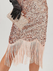A-Line/Princess Jewel Neck Off-the-Shoulder Sleeveless Knee-Length Vintage Dress with Sequins & Tassel Fringe