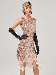 A-Line/Princess Jewel Neck Off-the-Shoulder Sleeveless Knee-Length Vintage Dress with Sequins & Tassel Fringe