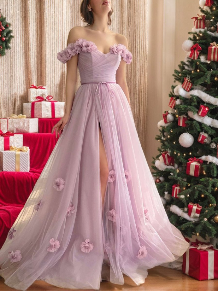 A-Line/Princess Off-the-Shoulder Sleeveless Floor-Length Flower Evening Dresses