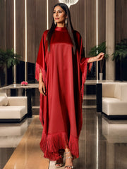 A-Line/Princess High Neck Ankle Length Satin Evening Dresses with Fringe