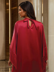 A-Line/Princess High Neck Ankle Length Satin Evening Dresses with Fringe