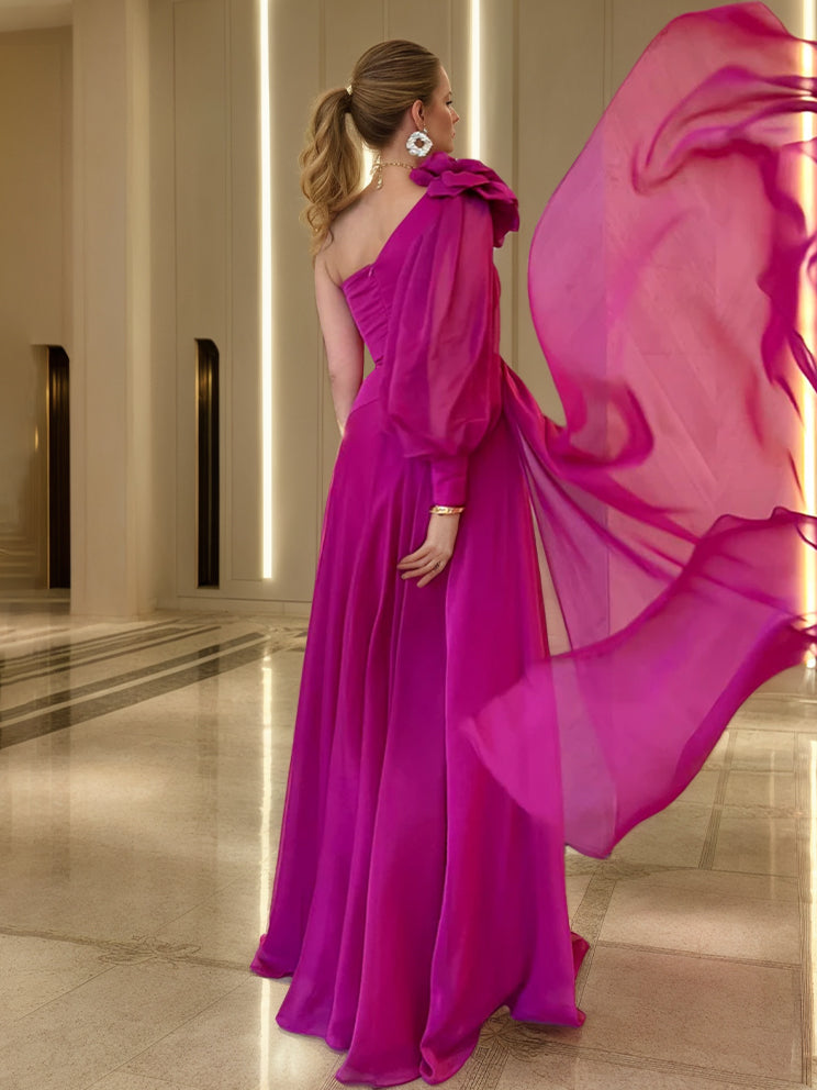 A-Line/Princess One-shoulder Floor Length Ruched Evening Dresses with High Split & Flower