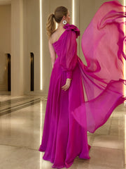 A-Line/Princess One-shoulder Floor Length Ruched Evening Dresses with High Split & Flower