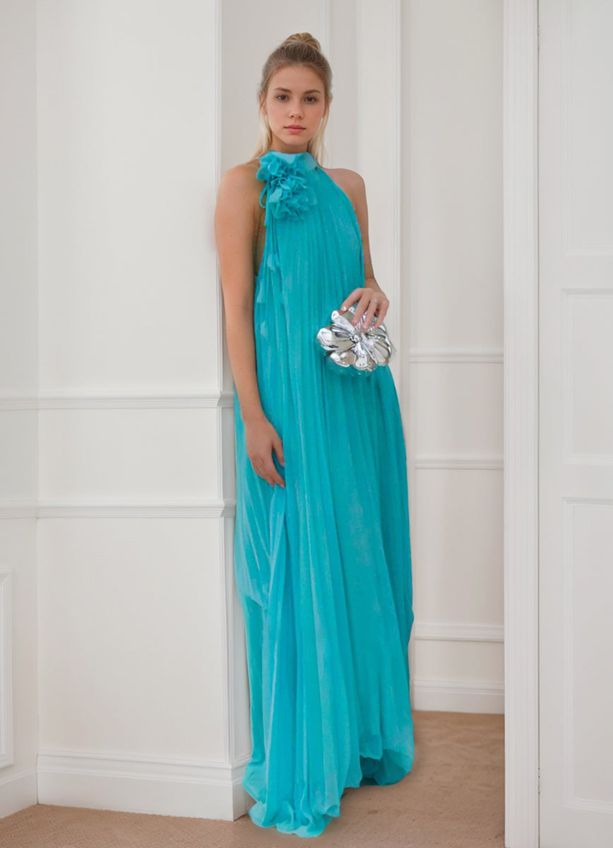 A-Line/Princess Halter Neck Sleeveless Chiffon Prom Dresses with Flower & Ruffles