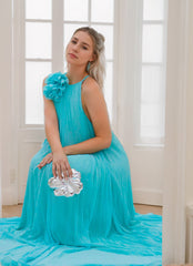 A-Line/Princess Halter Neck Sleeveless Chiffon Prom Dresses with Flower & Ruffles