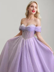 A-Line/Princess Off-the-Shoulder Sleeveless Long Exquisite Prom Dresses with Rhinestone & Ruffles