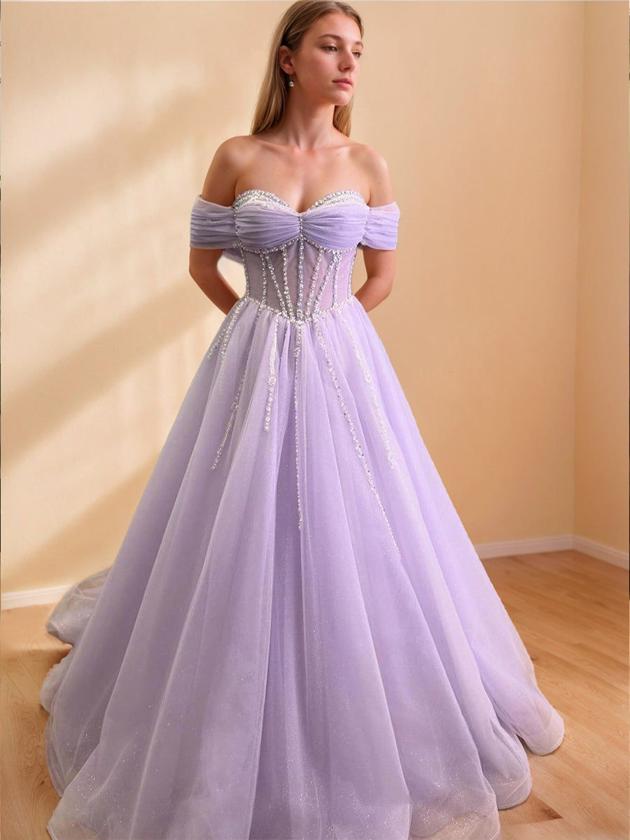 A-Line/Princess Off-the-Shoulder Sleeveless Long Exquisite Prom Dresses with Rhinestone & Ruffles
