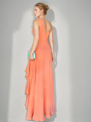 A-line/Princess One-Shoulder Sleeveless Ruched Floor-Length Prom Dresses with Ruffles & Slit