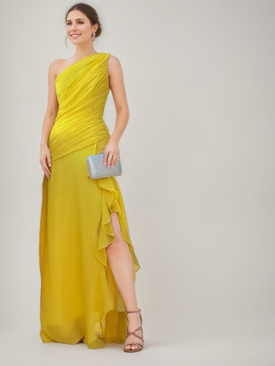 A-line/Princess One-Shoulder Sleeveless Ruched Floor-Length Prom Dresses with Ruffles & Slit