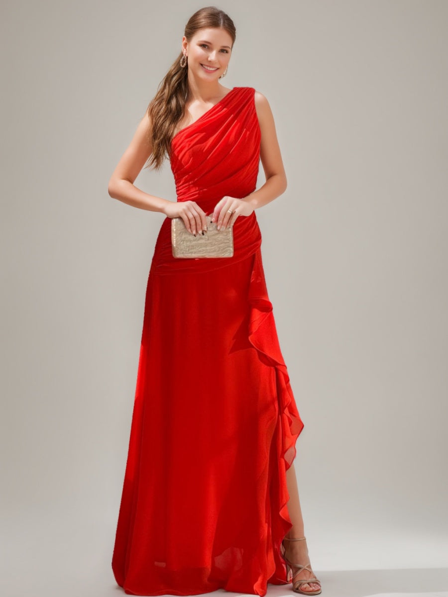 A-line/Princess One-Shoulder Sleeveless Ruched Floor-Length Prom Dresses with Ruffles & Slit