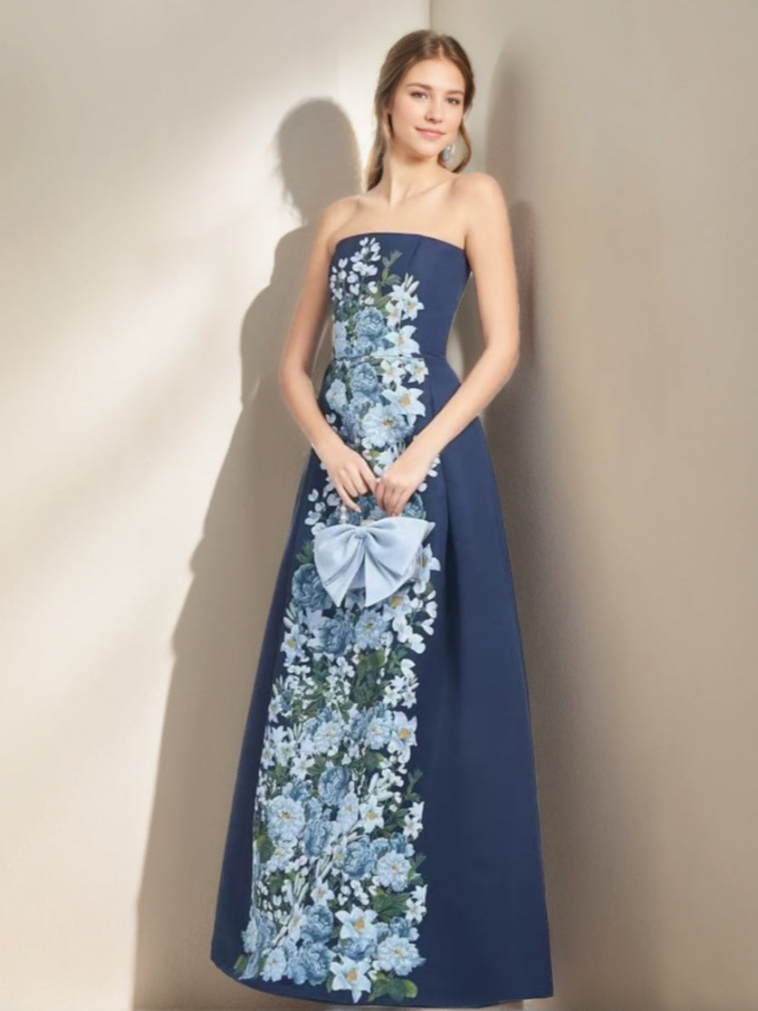 A-line/Princess Elegant Strapless Sleeveless Floor-Length Printed Floral Dresses