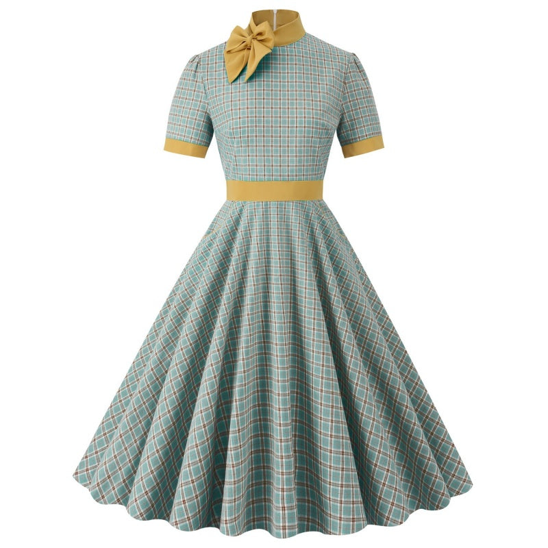 A-Line/Princess 1950s High Neck Short Sleeves Vintage Dresses with Bow & Pocket