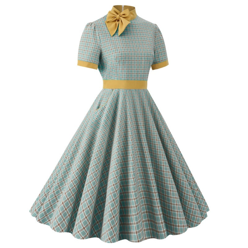 A-Line/Princess 1950s High Neck Short Sleeves Vintage Dresses with Bow & Pocket
