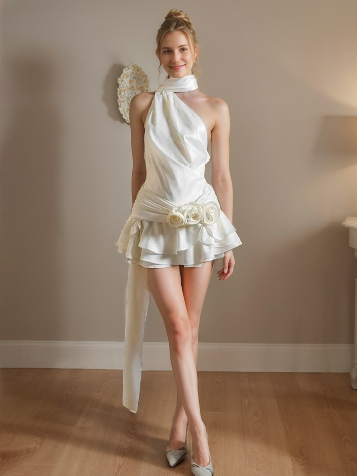 A-Line/Princess Halter Sleeveless Ruched Short/Mini Backless Cocktail Dresses with 3D Flowers & Ruffles
