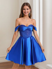 A-Line/Princess Off-The-Shoulder Pleated Short/Mini Homecoming Dresses with Rhinestones & Beads