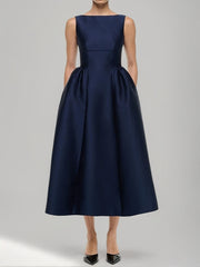 A-Line/Princess Elegant Boat Neck Sleeveless Tea-Length Pleated Cocktail Dresses