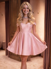 A-Line/Princess Off-the-Shoulder Satin Homecoming Dresses Lace-up Short/Mini Sleeveless