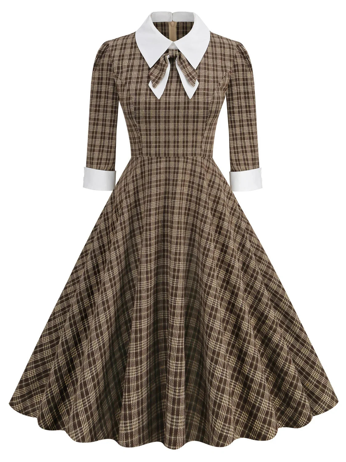 A-Line/Princess 1950s Shirt Collar 3/4 Sleeves Plaid Vintage Dresses