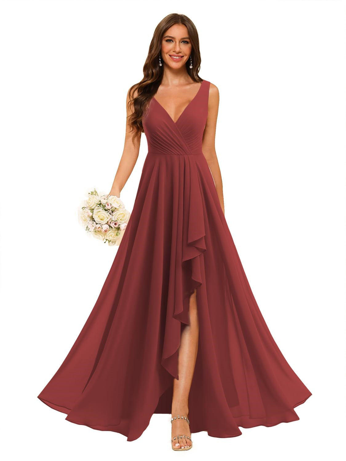 A-Line/Princess V Neck Sleeveless Floor Length Bridesmaid Dresses Chiffon with Slit Pockets