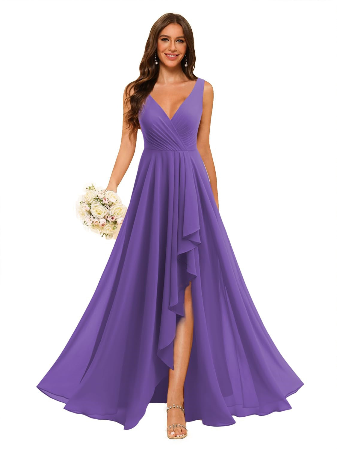 A-Line/Princess V Neck Sleeveless Floor Length Bridesmaid Dresses Chiffon with Slit Pockets