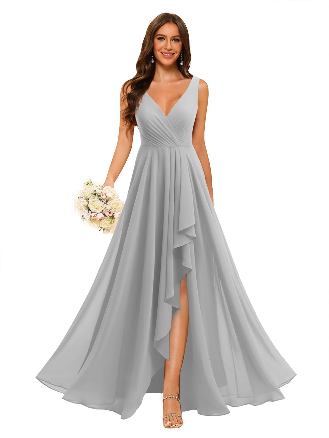 A-Line/Princess V Neck Sleeveless Floor Length Bridesmaid Dresses Chiffon with Slit Pockets