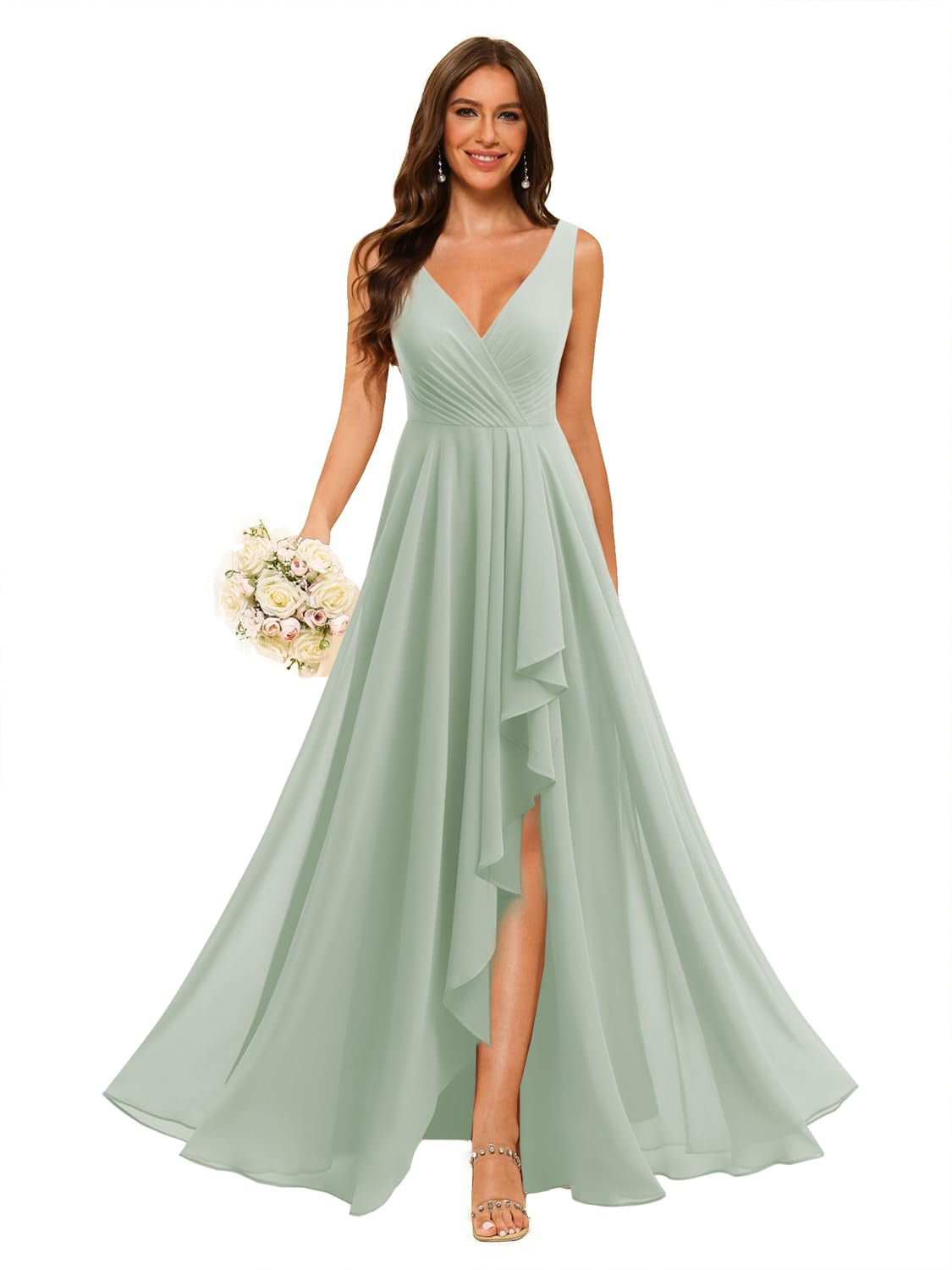 A-Line/Princess V Neck Sleeveless Floor Length Bridesmaid Dresses Chiffon with Slit Pockets
