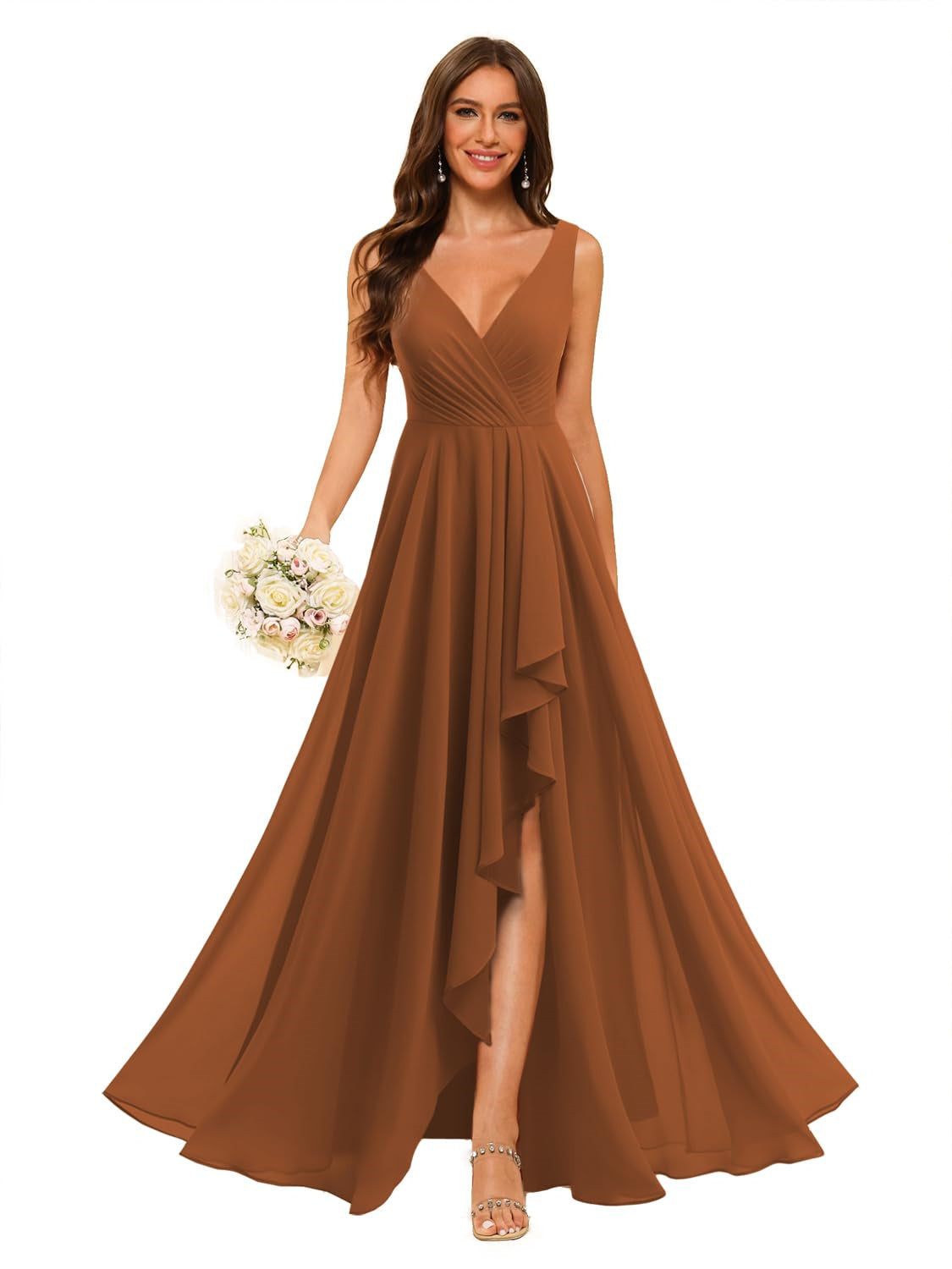 A-Line/Princess V Neck Sleeveless Floor Length Bridesmaid Dresses Chiffon with Slit Pockets