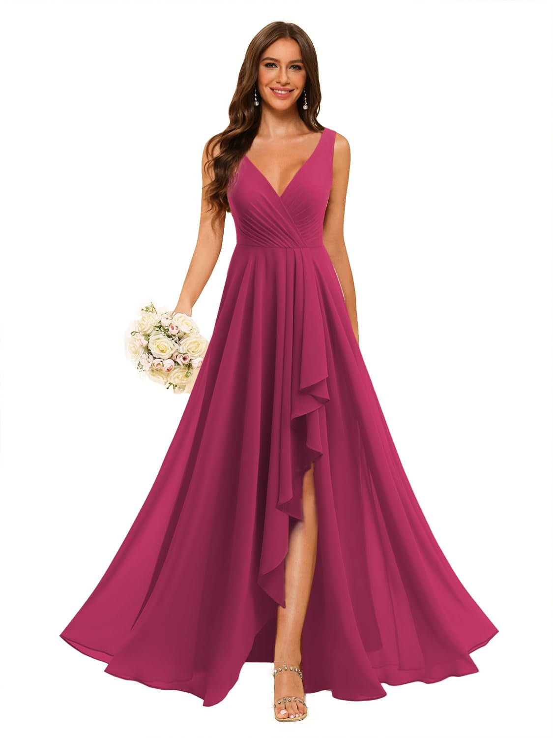 A-Line/Princess V Neck Sleeveless Floor Length Bridesmaid Dresses Chiffon with Slit Pockets