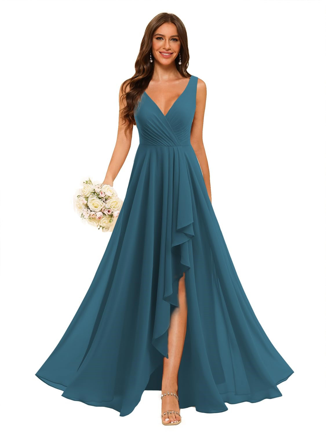 A-Line/Princess V Neck Sleeveless Floor Length Bridesmaid Dresses Chiffon with Slit Pockets