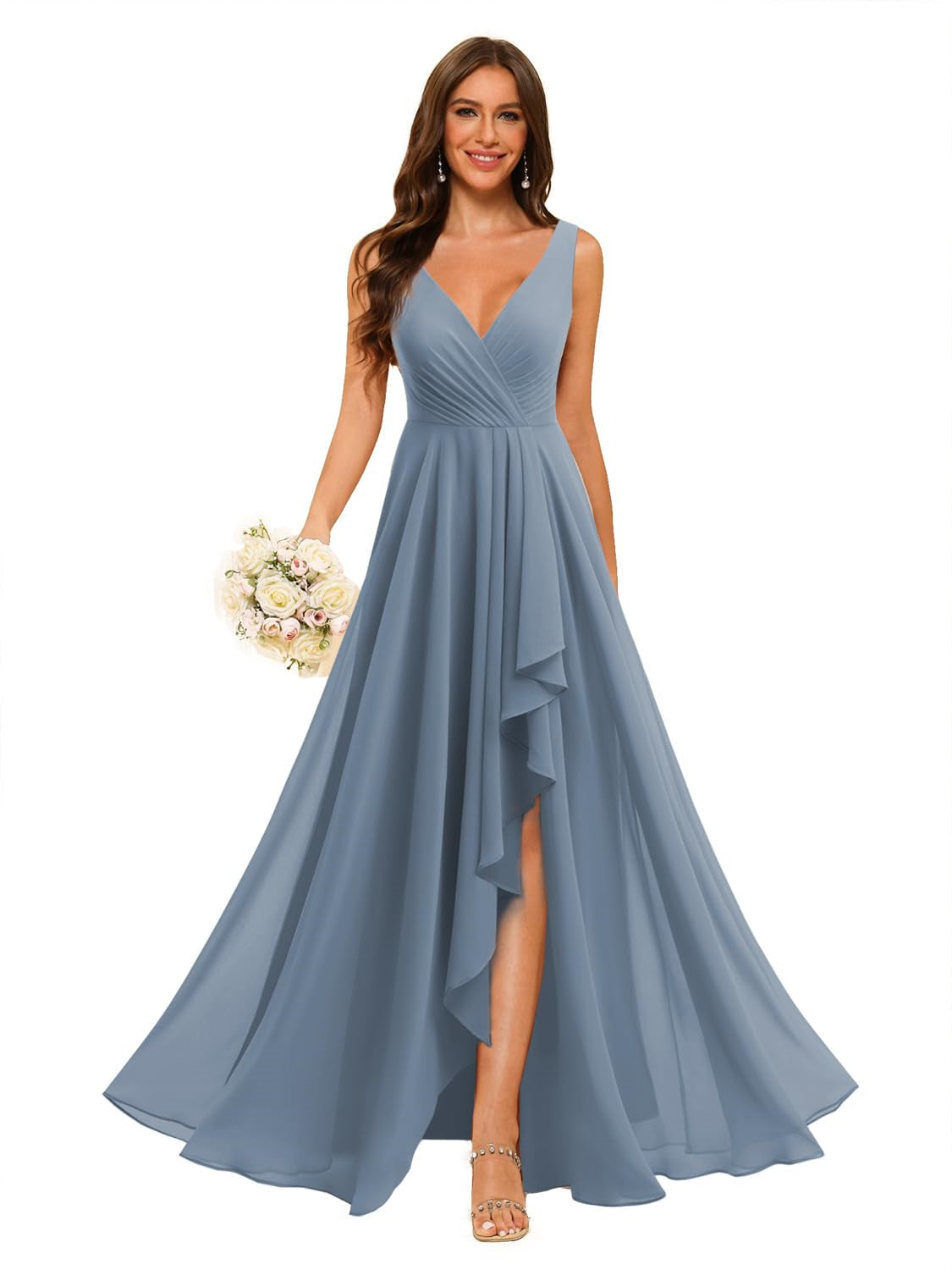 A-Line/Princess V Neck Sleeveless Floor Length Bridesmaid Dresses Chiffon with Slit Pockets