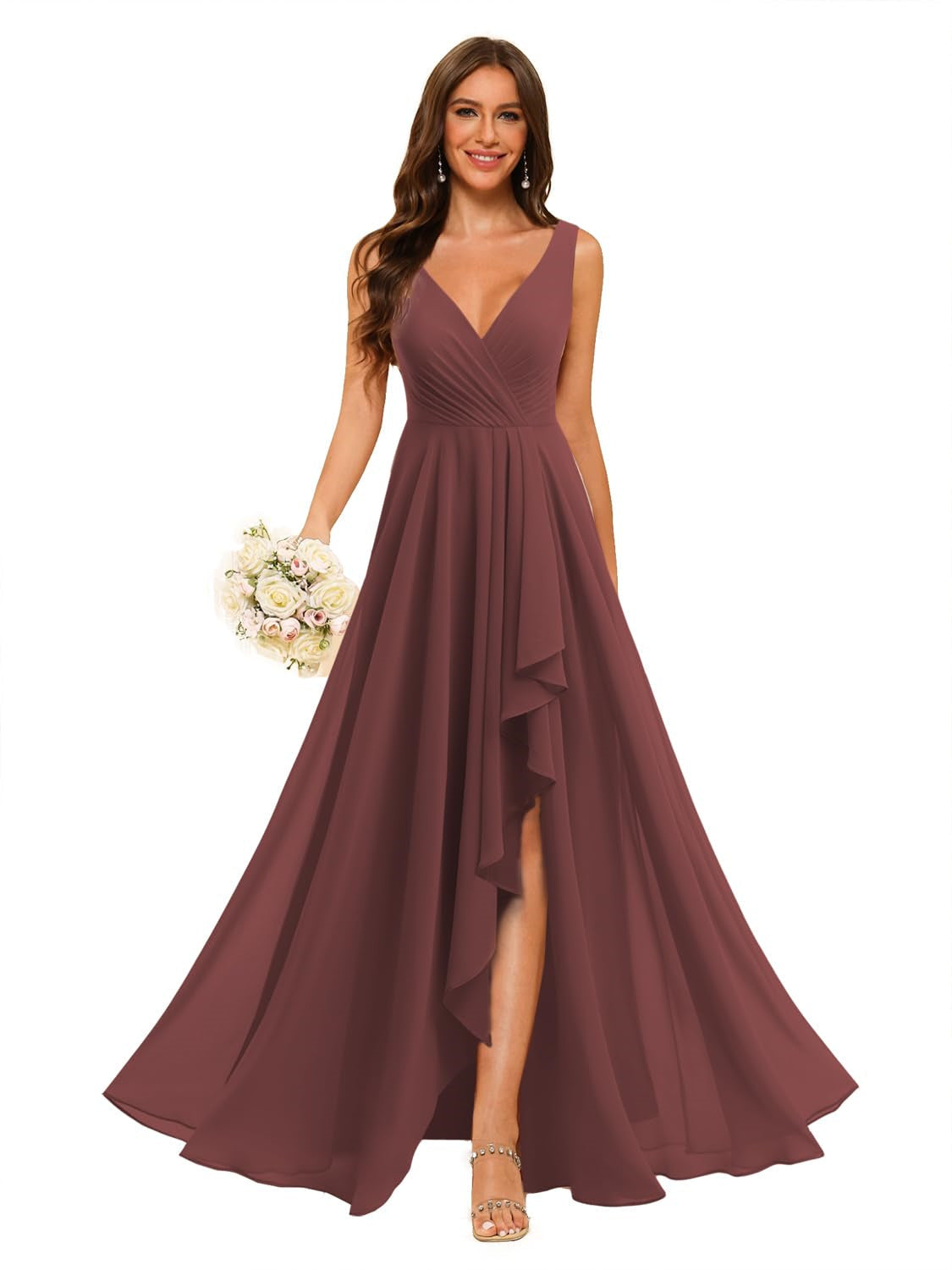 A-Line/Princess V Neck Sleeveless Floor Length Bridesmaid Dresses Chiffon with Slit Pockets