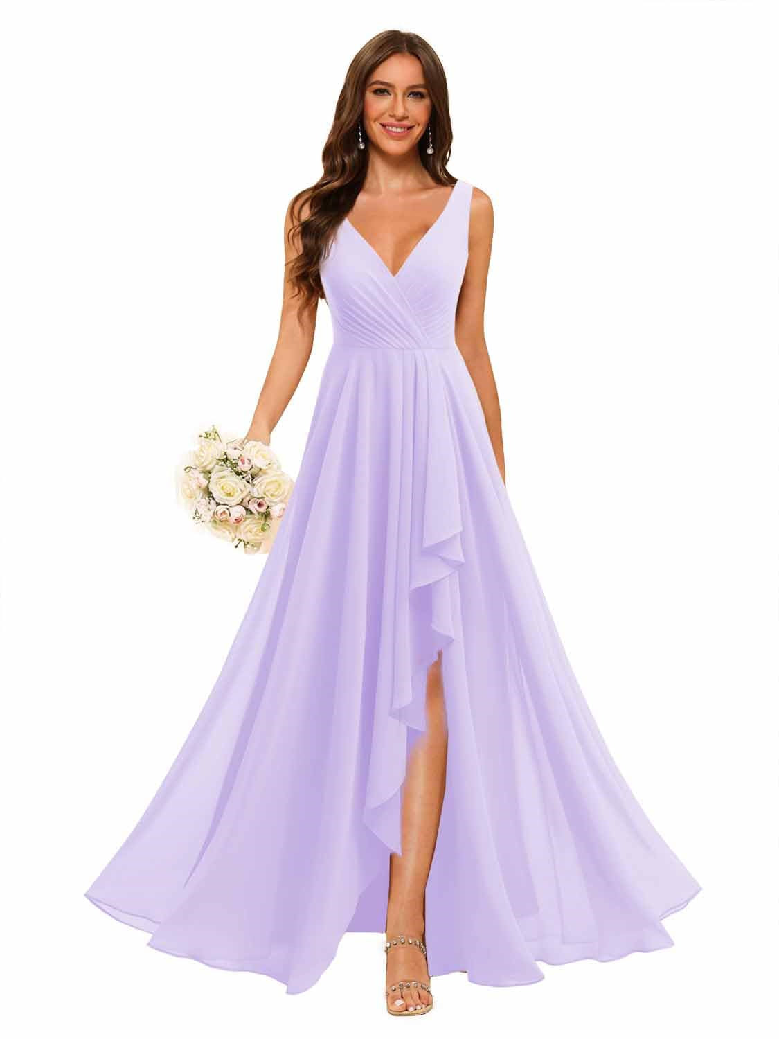 A-Line/Princess V Neck Sleeveless Floor Length Bridesmaid Dresses Chiffon with Slit Pockets